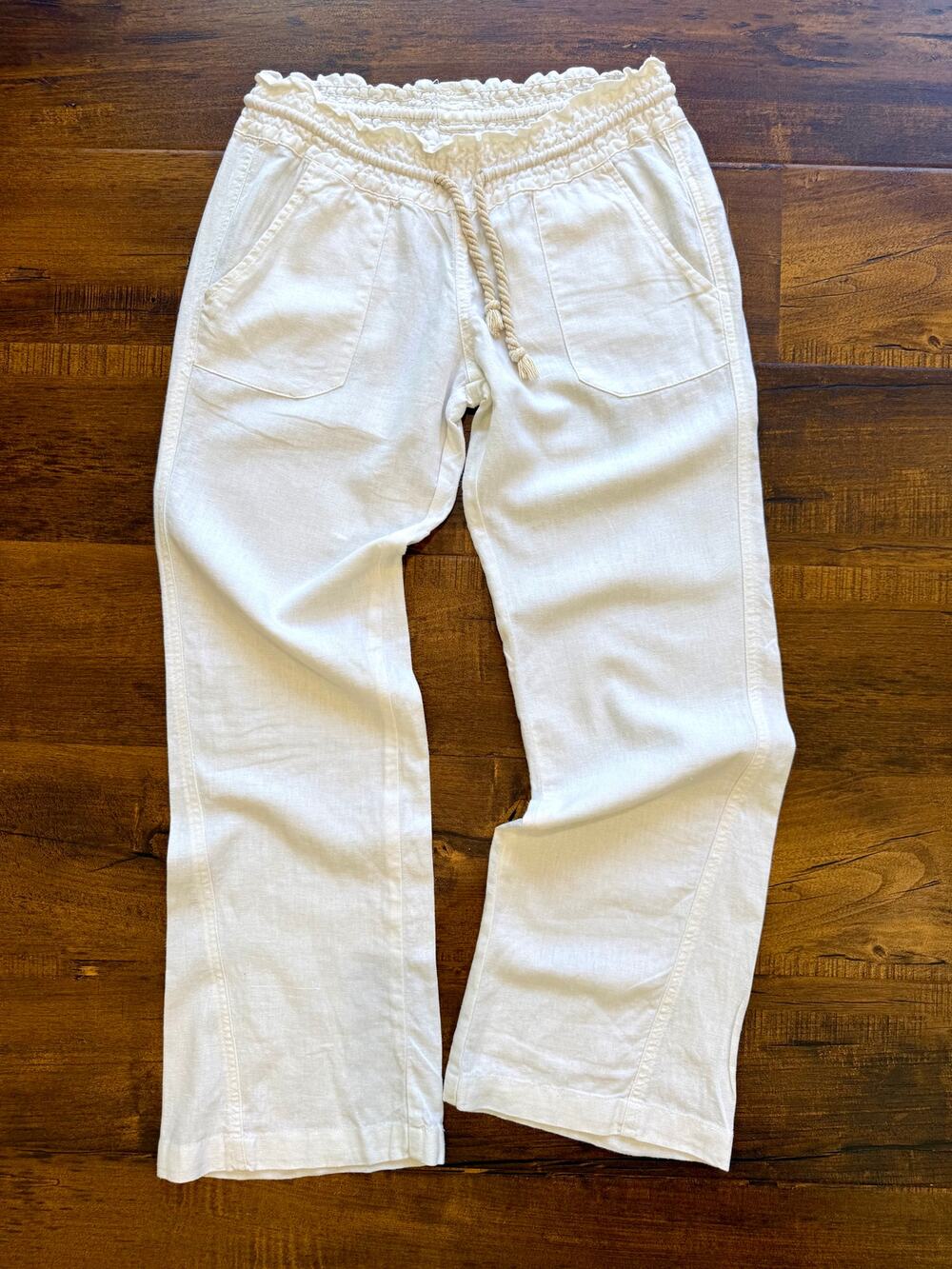 Roxy Oceanside Pants White Linen Blend Drawstring Women’s XSmall Coastal Relaxed